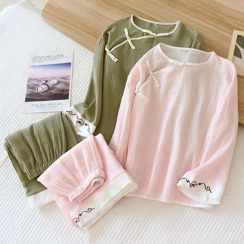 

Chinese Retro Pajamas Women Cotton Gauze Long-sleeved Household Clothes Thin Round Neck Pyjama Pour Femme Loungewear 2 Piece Set