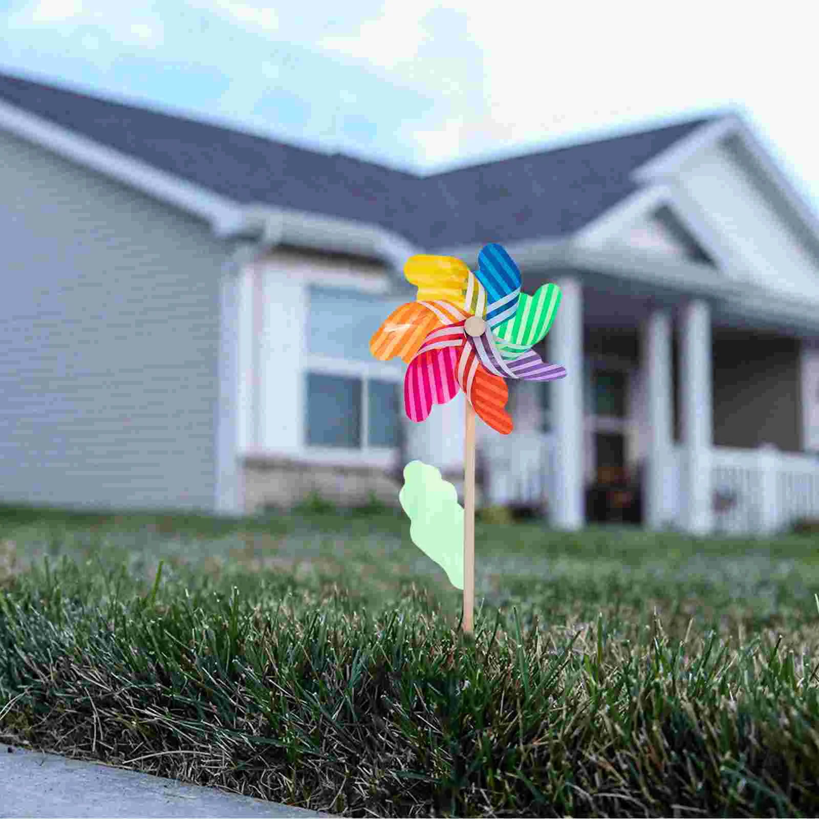 6 Pcs Colorful Wooden Rod Windmill Kids Toy Garden Decorations Plastic Pinwheels For Diy Crafts Outdoor Fun Sports Games