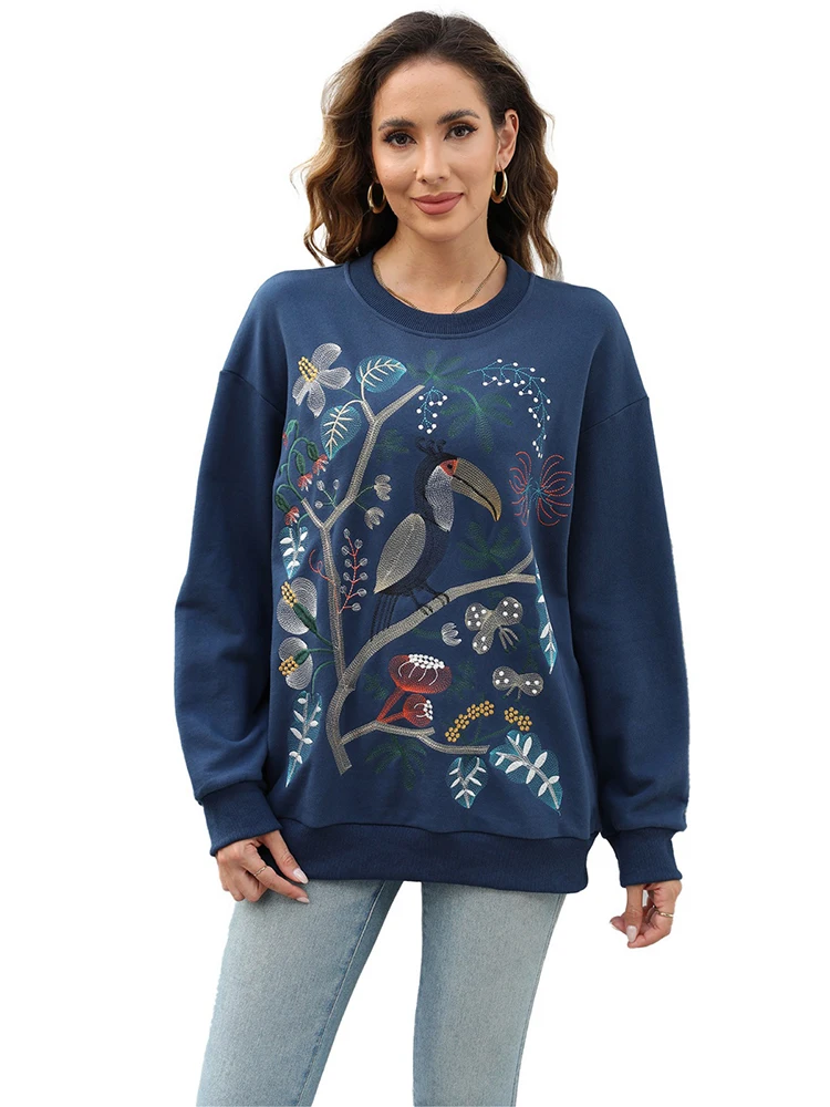 

Женский Хлопковый пуловер с цветочной вышивкой, 23XXL