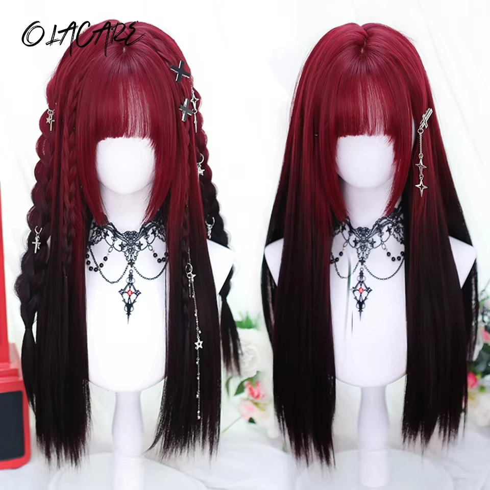 Synthetic Long Straight Red Ombre Black Cosplay Wig