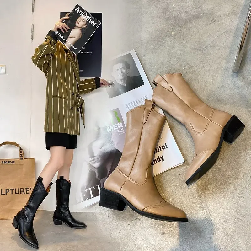 

Women Autumn Boots Thick Heel Solid Mid-calf Boots Ladies Shoes Retro Western Cowboy Knight Boots for Women 5cm Heel Botas Mujer