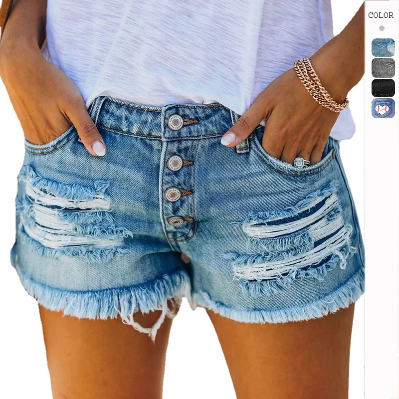 

2023 Summer Women's Ripped Jeans Broken Shorts Tassel Vintage Denim Short Women Black Pants High Waist S-2xl Streetwear Mujer