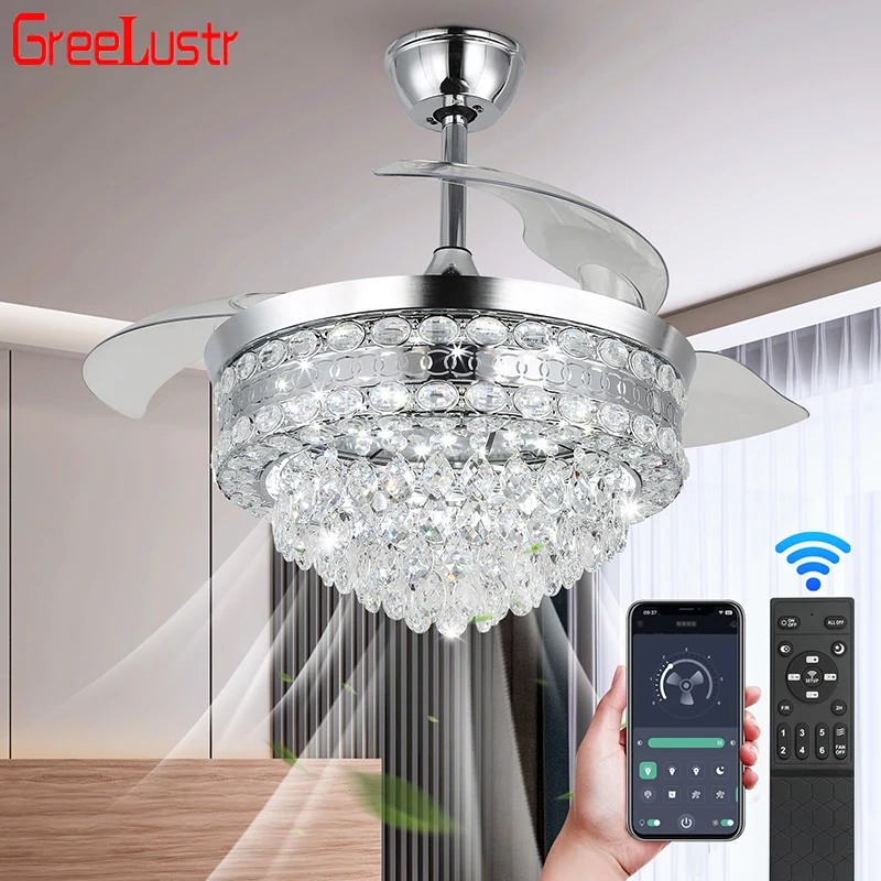 

42" Led Invisible Ceiling Fans with Remote Control Silver Hanging Fan Lights For Dining room Bedroom Lumieres Decorative Retra