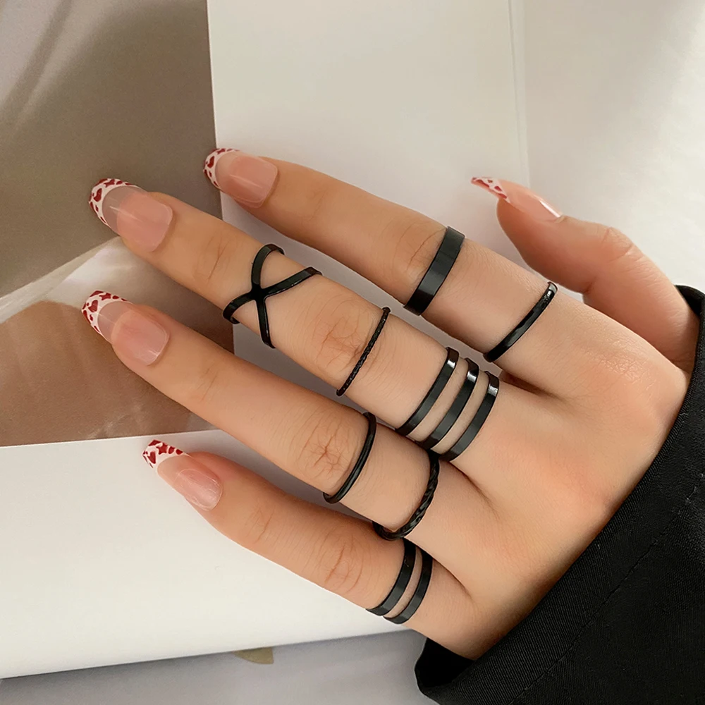 2025 Kpop Punk Geometric Black Chain Open Ring For Women BFF Wedding Luxury Vintage Grunge Aesthetic Jewelry EMO Y2K Accessories 4