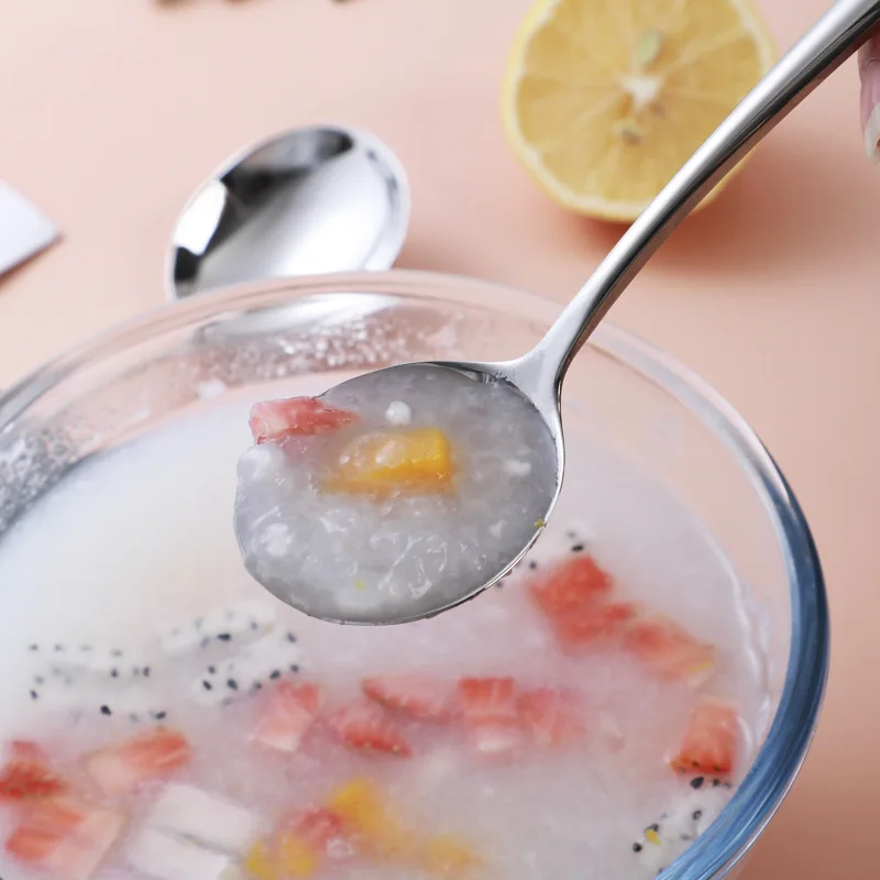 Stainless Steel Spoon 2 Sizes Long Handle Ramen Spoon Soup Ladle Stainless Steel Tableware Children's Ice Cream Teaspoons Korean Cutlery Tablespoon