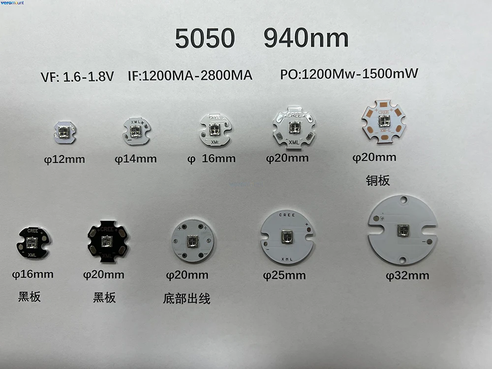 EPILEDS 5W IR High Power LED Emitter 5050 4Chips 850NM 940NM 980NM 1050NM Infrared Lamp Light On 20MM/16MM/14MM/12MM Copper PCB
