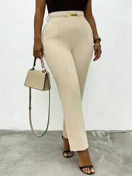 Women's Plus Size Beige High Waist Suit Pants Metal Buckle Decor Vertical Seam Slim Straight Pants Office Spring Summer Trousers