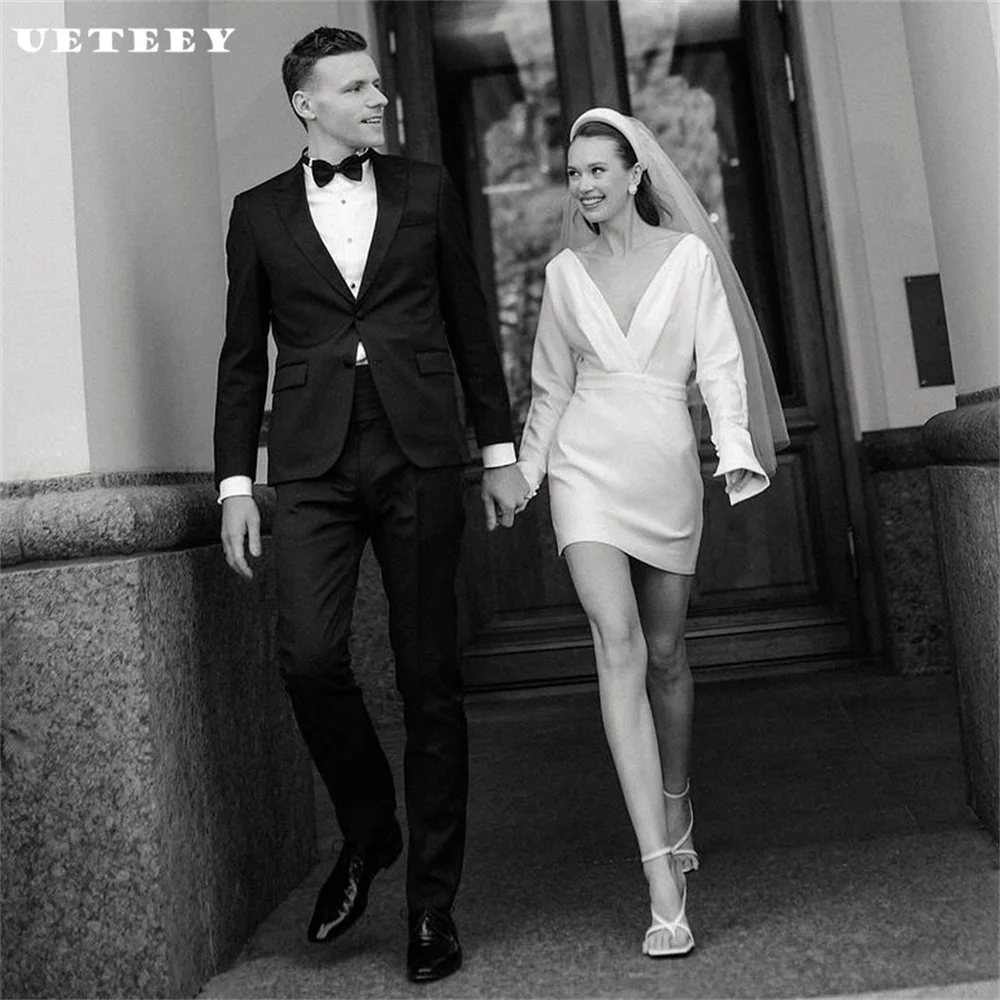 

UETEEY Simple Deep V Neck Long Sleeves Pleats Crepe Sheath Mini Wedding Dress Zipper Back Above Knee Bridal Gown Custom Made