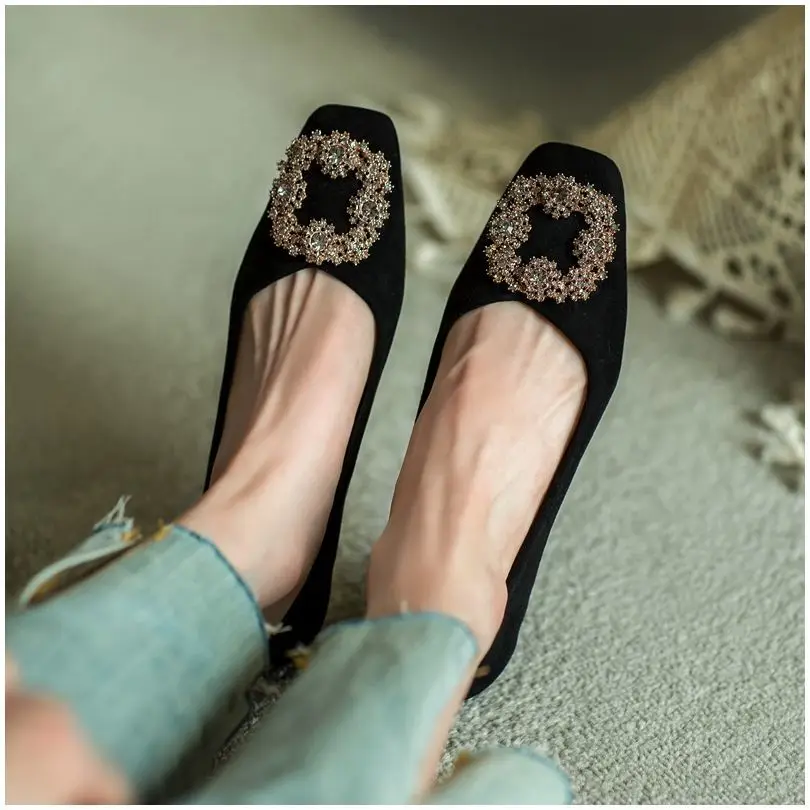 Flats Shoes Women's Spring Autumn 2022 New Casual Black French Square Toe Flats Rhinestone Loafers Ladies Shoe Plus Size 34-43 5