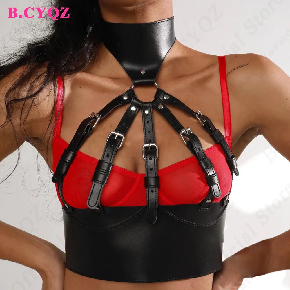 

B.CYQZ Sexy Body Harness Woman Leather Chest Bra Cage Punk Suspenders Goth Garter Belt Sexy Bondage Lingerie Rave Outfit 2023