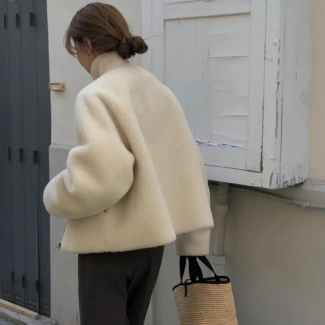 Berber Fleece Women Faux Fur Coat White Long Sleeves Turtle Neck Removable Collar Single Breast Side Pockets