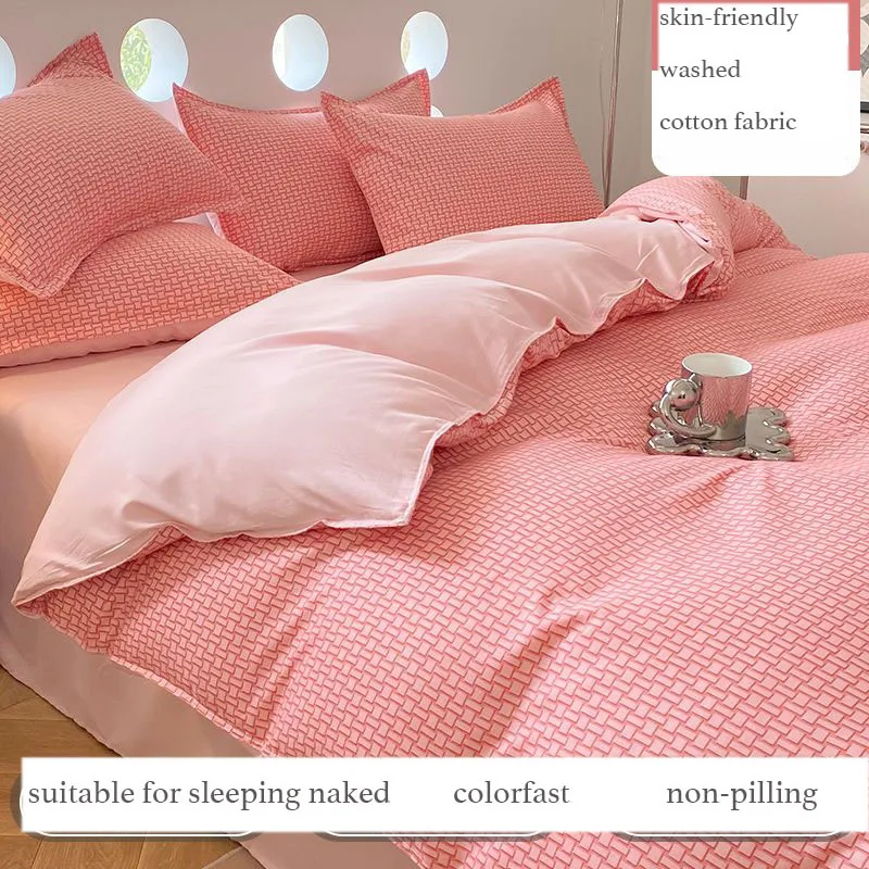 

Korean Waffle Grid Washed Cotton Bedding Set Bedsheet With 2Pillowcases Duvet Quilt Cover180x200 King Queen Dorm Home4PCS