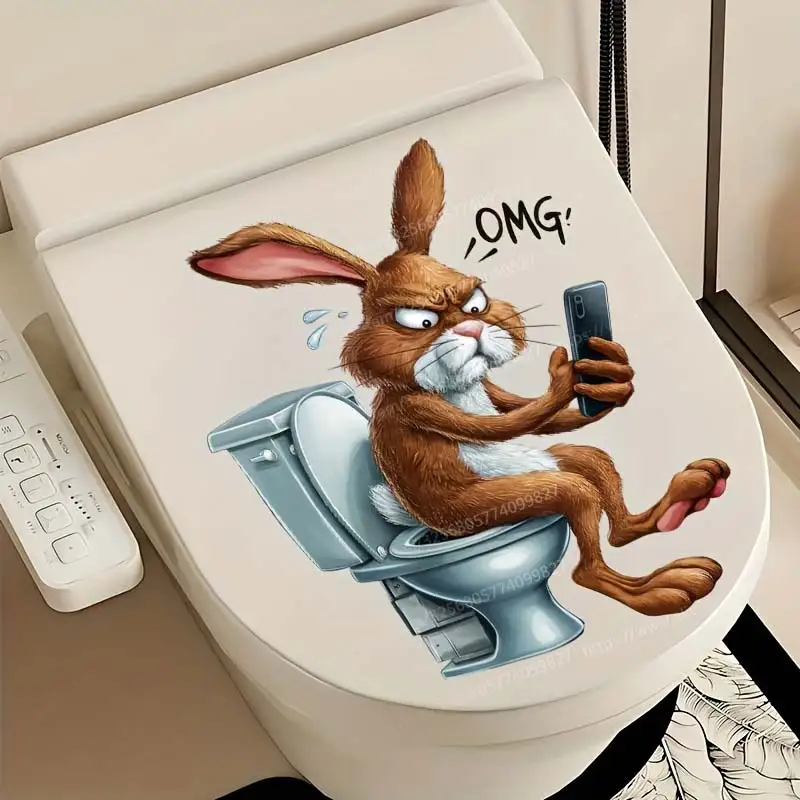 Spoof Series Rabbit-Raccoon-Tiger Play Mobile Phone Toilet Stickers Suitable For Toilet Seat And Water Tank Decoration S189 toilet stickers,toilet wall stickers,toilet seat stickers