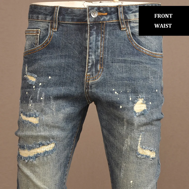 Street Fashion Men Jeans High Quality Retro Washed Blue Stretch Slim Fit Ripped Jeans Men Vintage Designer Denim Pencil Pants