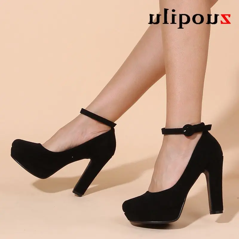 New High Heels Women Sandals Thick Platform Heels Black Suede Ankle Buckle Strap Pumps Women