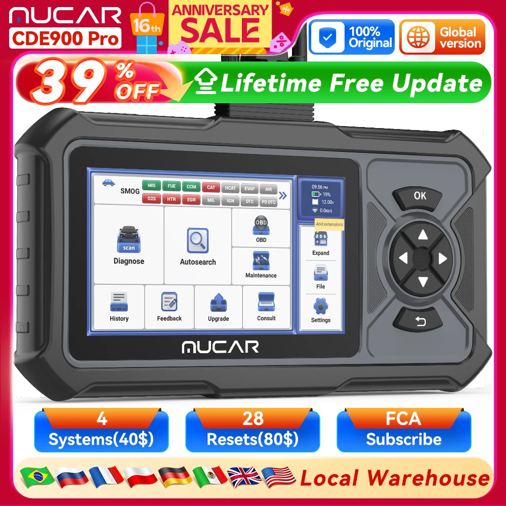MUCARCDE900 Pro Outil de Diagnostic Automobile, Scanner OBD2, Lecteur de Code, Écran Tactile 5 Pouces, 2 + 32 Go, Mise à Jour Gratuite