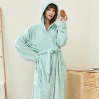 Coral Velvet Bathrobes for Women Long with Hood Autumn Winter Solid Plush Microfiber Bath Robe Sleepwear Home Bathroom Clothes 2
