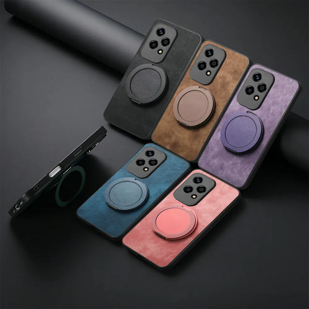 Leather Back Panel Phone Case with Magnetic Ring Holder, Enhanced Protection
