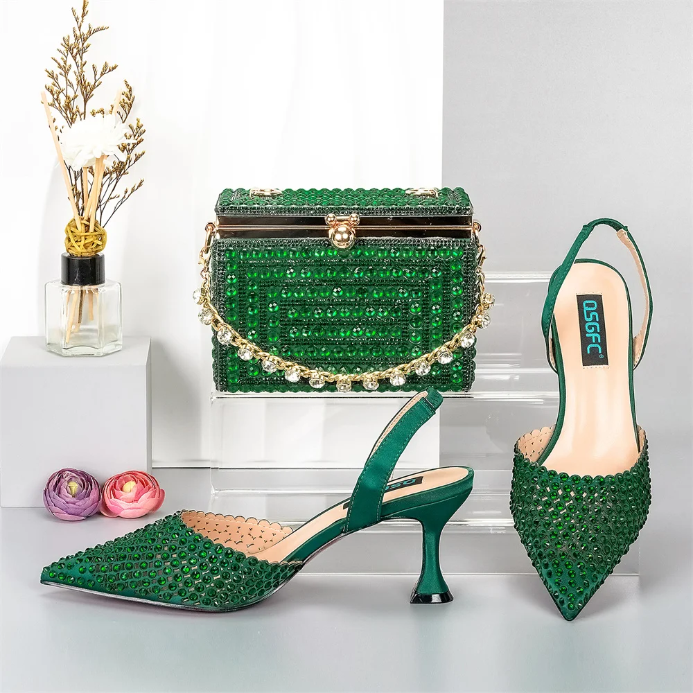 

2023 Decorated With Rhinestone Shoes And Bag Set African Design Matching Shoes And Bag Set Super High Heel Sandals in Green