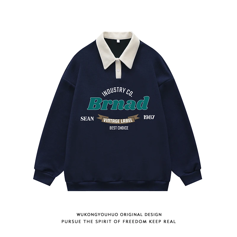 

Autumn Winter Retro Waffle Letter Print Long Sleeve POLO Collar Sweatshirt for Men/Women Plus Velvet Warm Loose Couple Pullovers