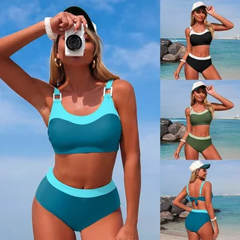 Women 2 Piece High Waisted Bikini Sets Colorblock Sporty Swimsuits Wide Straps Bathing Suit 2026 Summer Swimwear 1