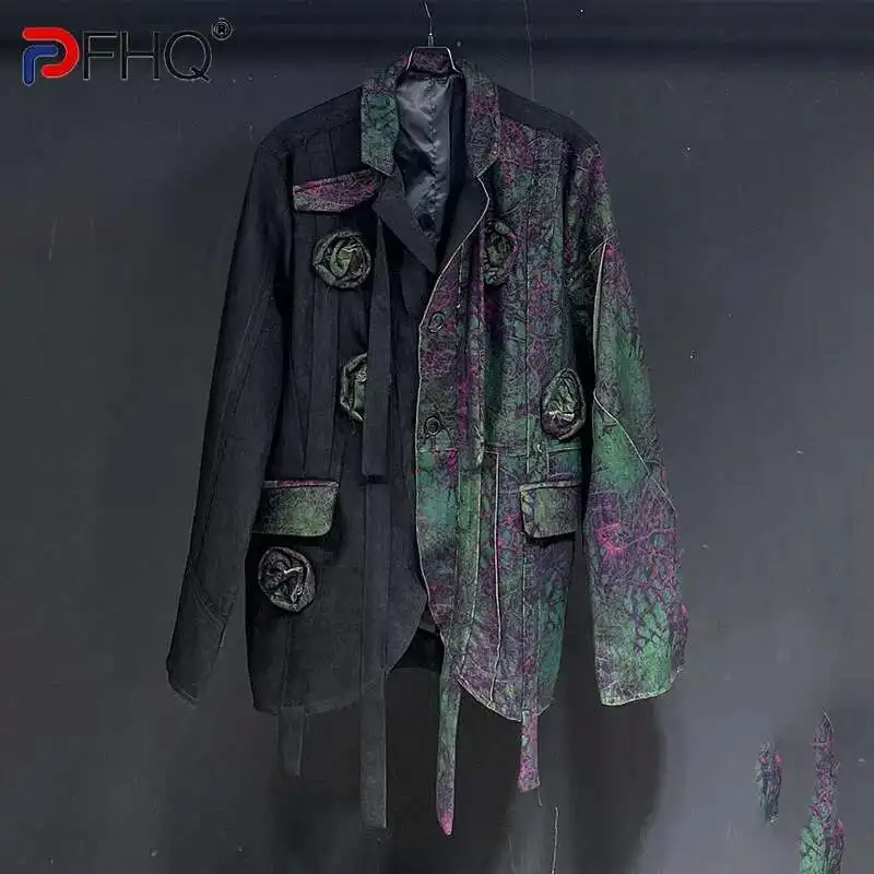 Men's Coat Design Splice Flower Knitted Printing Paint Suit Loose Long Sleeve Blazer Casual 21Z6634