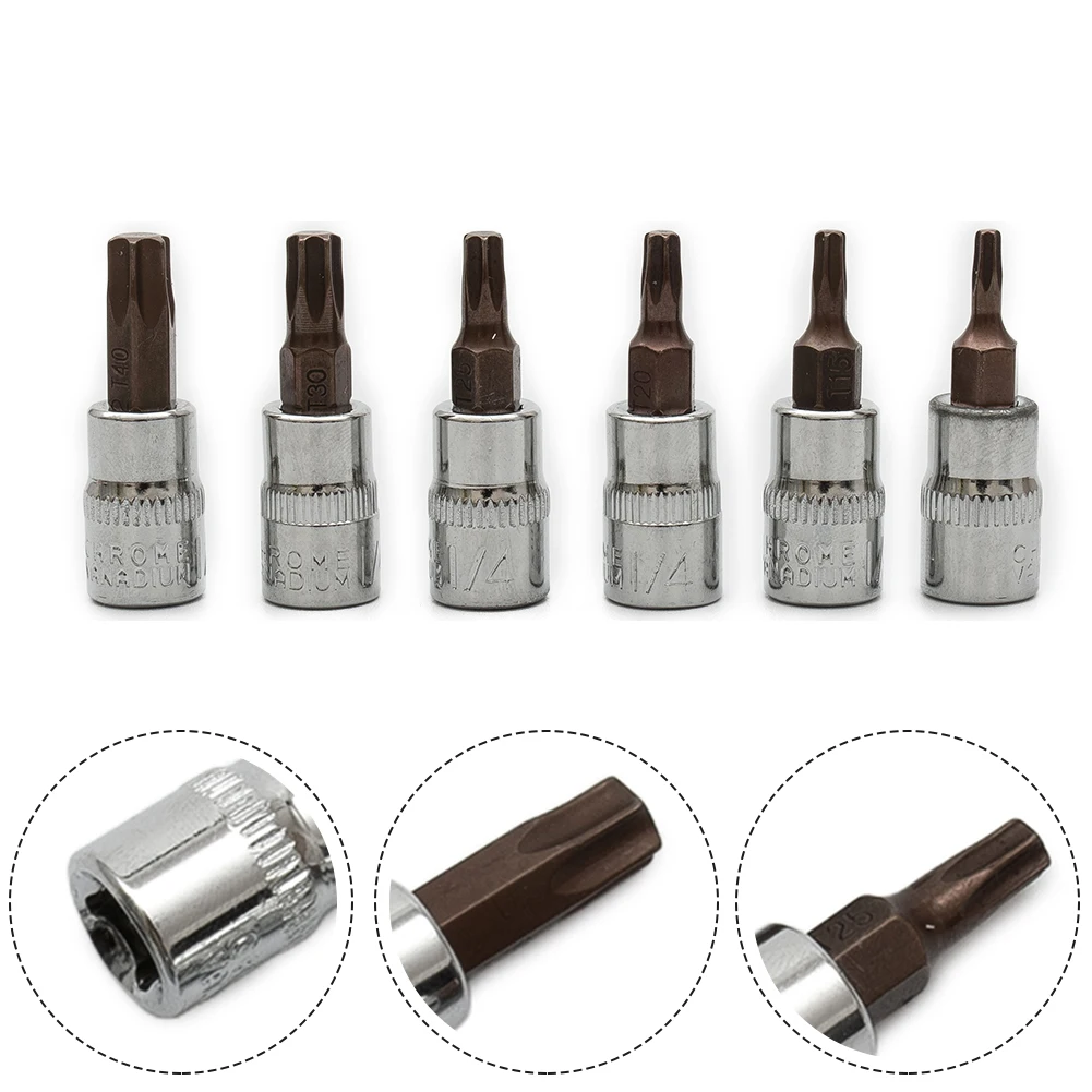 

6 PCS 1/4inch Hex Torx Screwdriver Bit Set Drive Socket Head Screwdriver T10 T15 T20 T25 T30 T40 Socket Wrench Tool