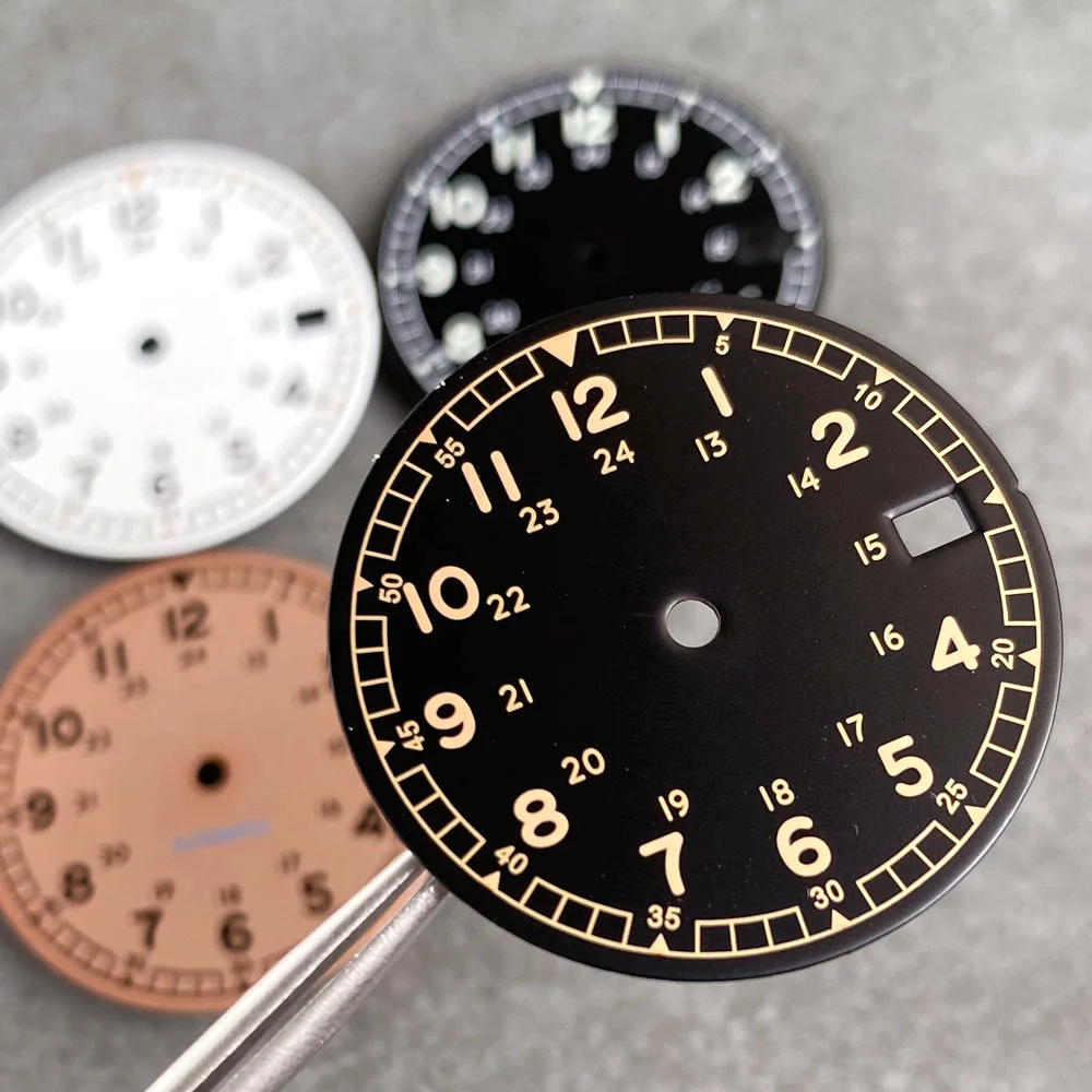 Vintage 29mm Black and White Field Watch Dial with Date Window and Hand Set