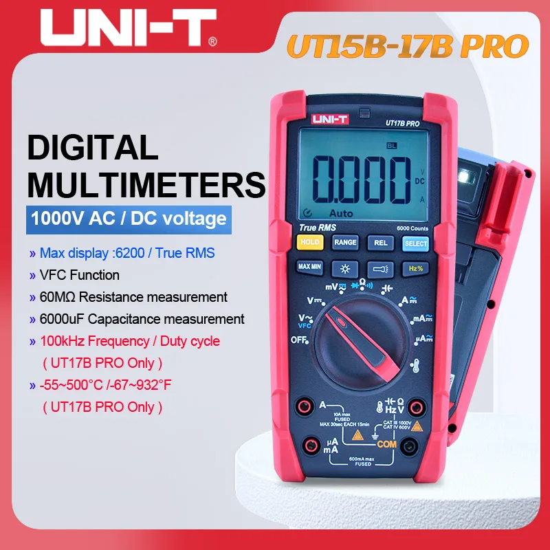 

UNI-T UT15B UT17B UT18B Pro True RMS Digital Multimeter Auto Range Anti-burn VFC Hz Capacitor Resistor Meter