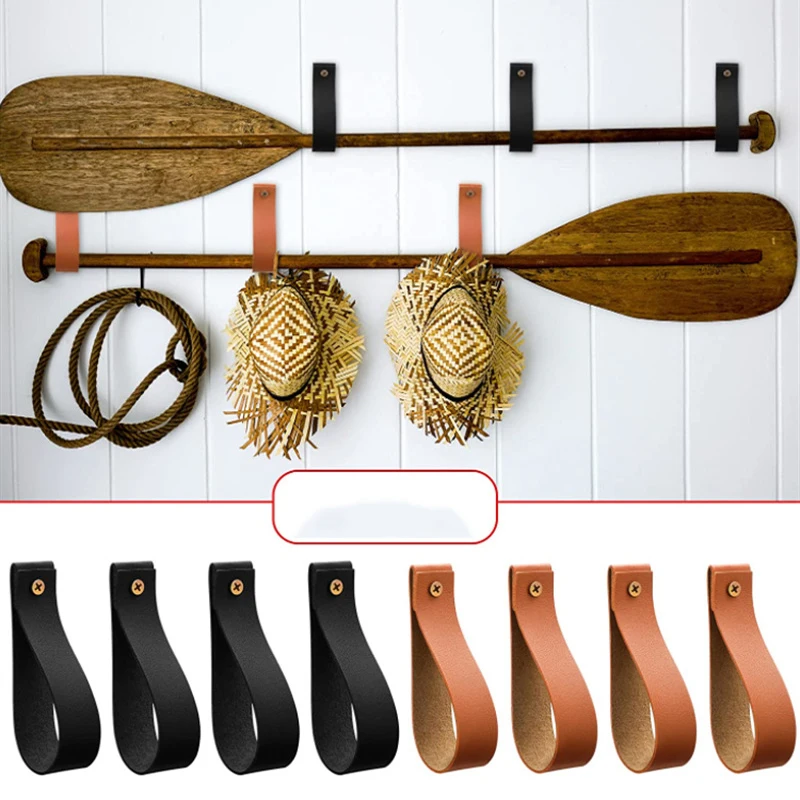 

2PCS Leather Curtain Rod Holder Pu Wall Mounted Hook Easy Install Multi-purpose Faux Leather Strap Towel Rack Cabinet Handle