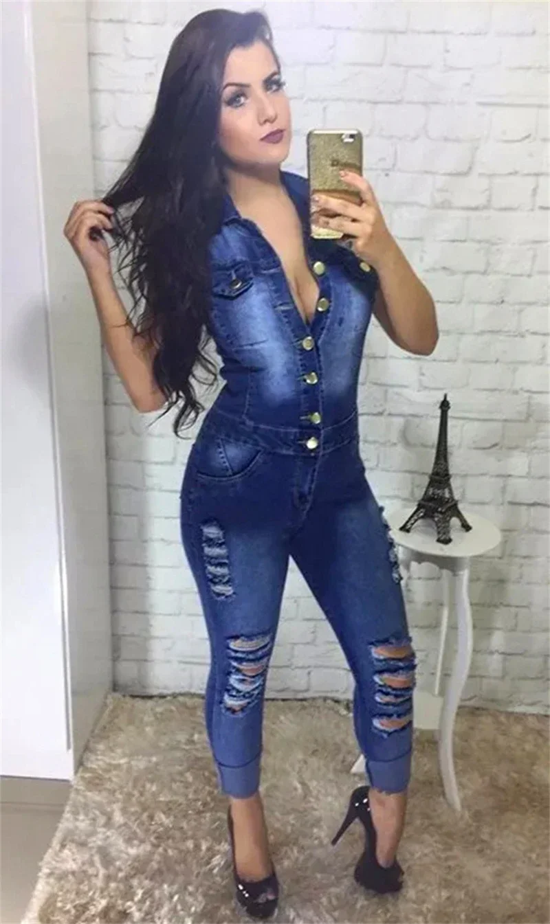 

Streetwear Ripped Denim Jumpsuits Women Summer Y2K Clothing Sleeveless Bodycon Jean Rompers Playsuits One Pieces Overalls Outfit