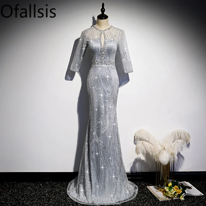 

Ofallsis O neck Diamonds Half Sleeve Grand Evening Dress 2024 Spring Banquet Style Sexy Fishtail Long Fit Annual Meeting Dresses