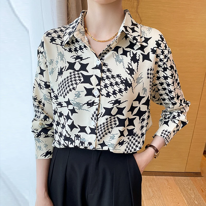 Women's Geometric Pattern Printed Chiffon Shirt Long Sleeve Blouses Loose Fashion New Autumn 2023