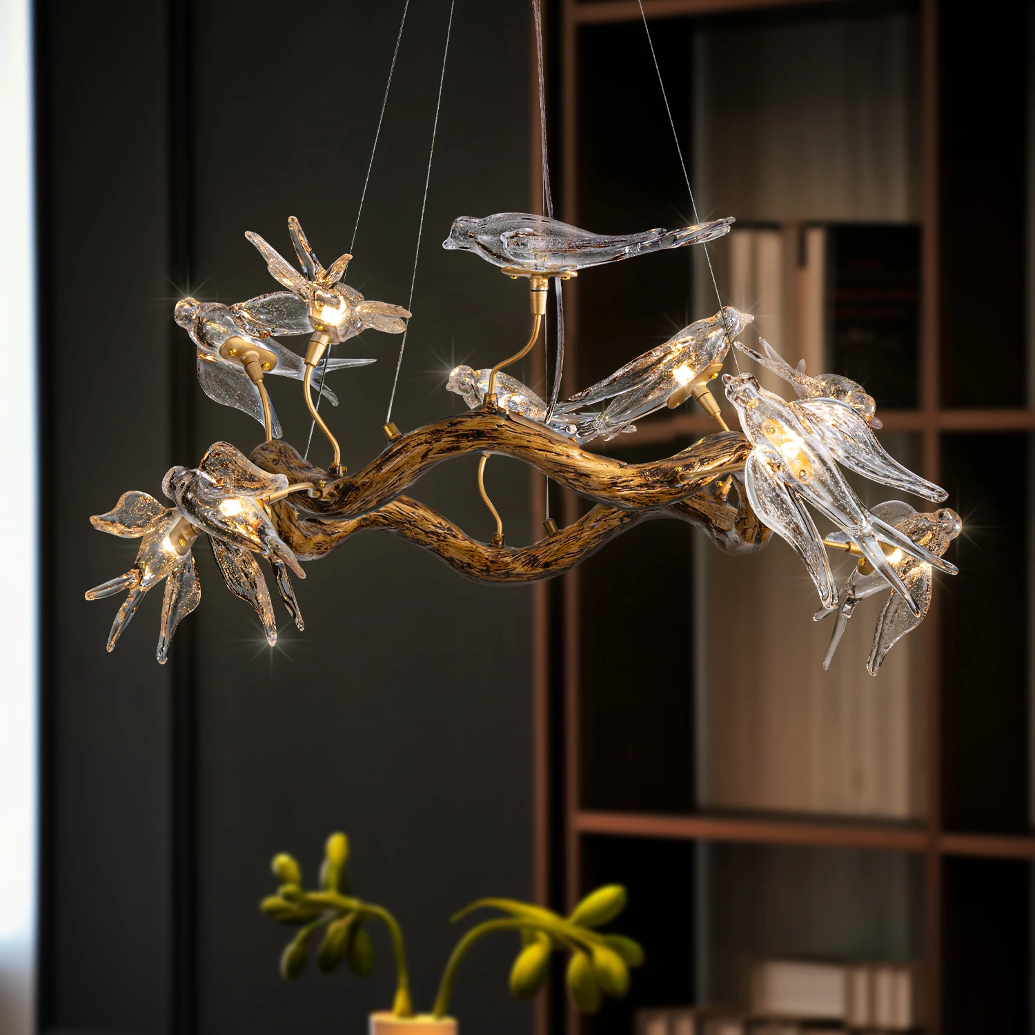Vintage Round Glass Bird Ceiling Chandelier Swallow Long Dining Table Living Room Luxury Branch Pendant Chandelier Lamp Designer Led Chandelier Ceiling Chandelier Led Pendant Light