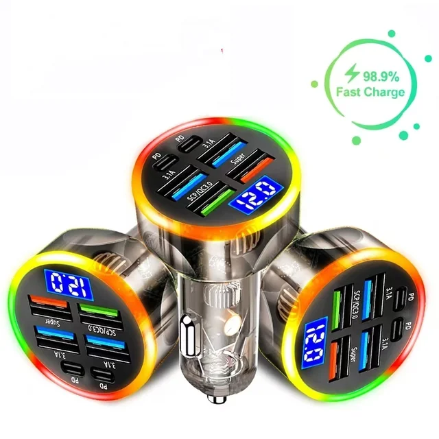 250W Car Charger Quick Charge Cigarette Lighter Adapter 6-Port USB A+USB C Fast Charging Phone Charger for iPhone Xiaomi Samsung 6
