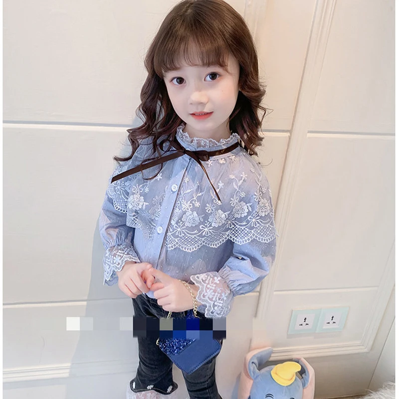 

Girls Spring Cotton Blue White Blouse Stand Neck Shirts Vintage Long Sleeve Ruffles Lace Blouses Kids Tops Casual Clothing