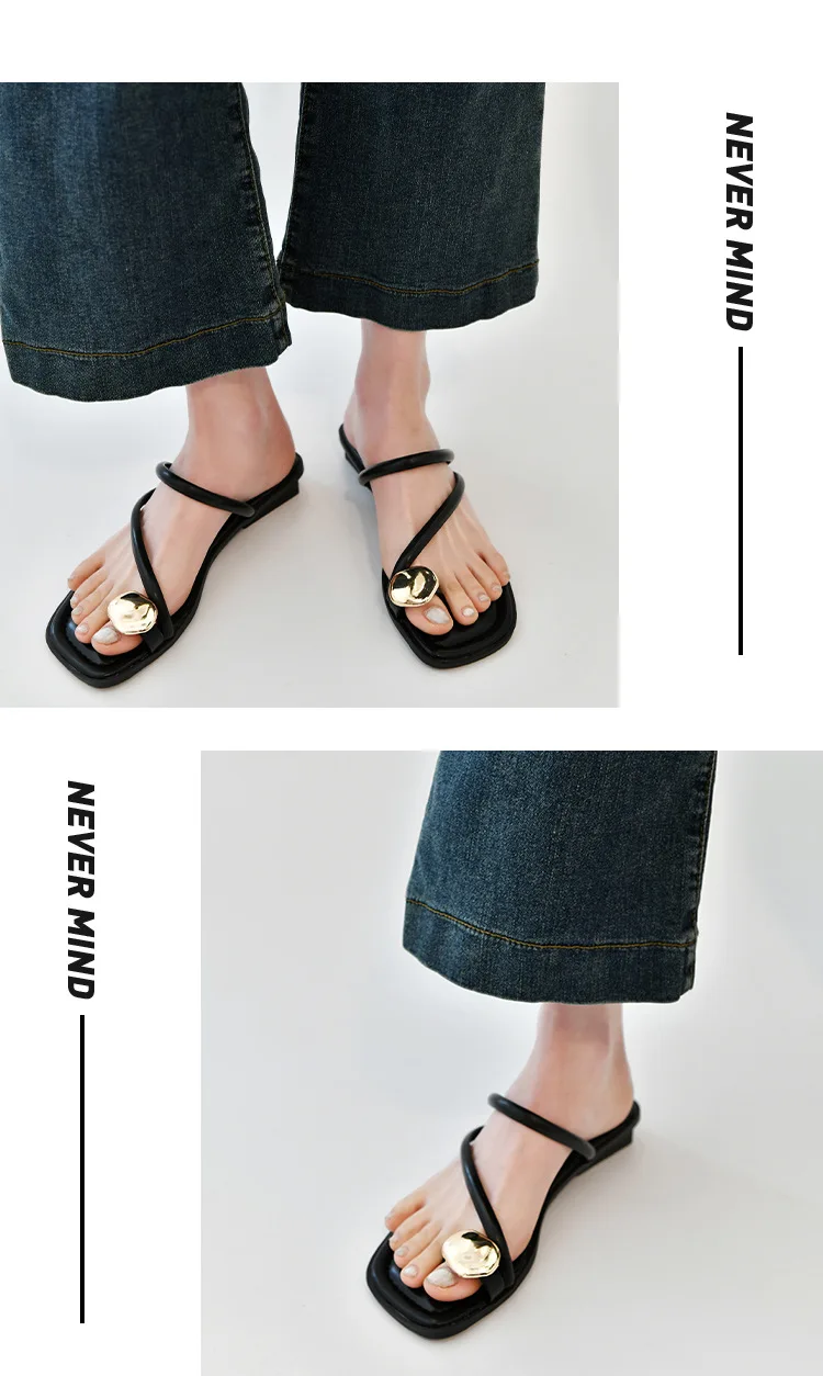 Damen Sandalen Schmal band Mode Metall dekoration Low Heel Slip auf Sommer weibliche Slipper elegante Rutschen Outdoor Beach Flip Flop – Detail 15