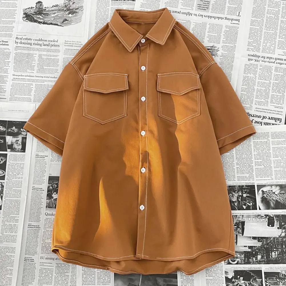 

Men Solid Color Shirt Japanese Style Men's Loose Fit Single-breasted Shirt Breathable Soft Streetwear-inspired Mid Length Top