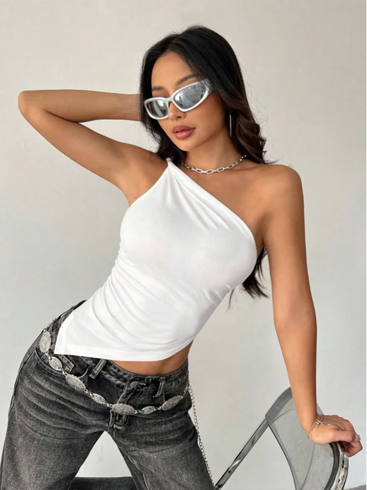 2025 New Fashionable Casual Women's T-Shirt Solid Color Single Shoulder Asymmetrical Slim Fit Top One-Piece Neck 2