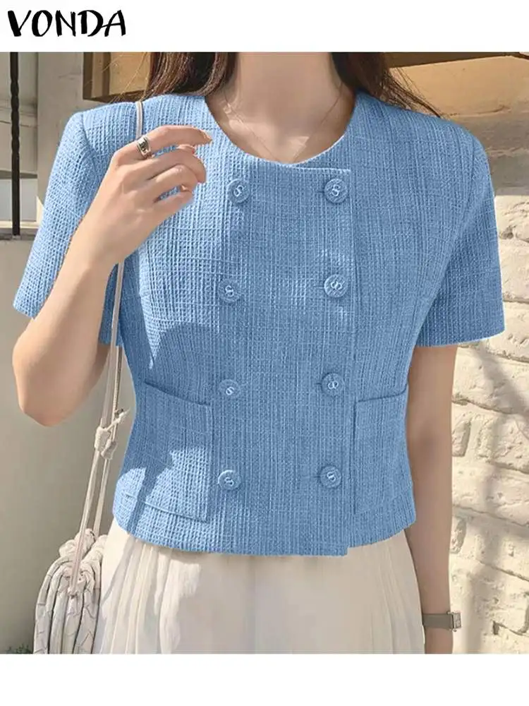 

2023 VONDA Women Elegant Coats Blazer Summer Fashion Sexy Short Sleeve O-Neck Outwear Casual Solid OL Style Blazer Streetwear