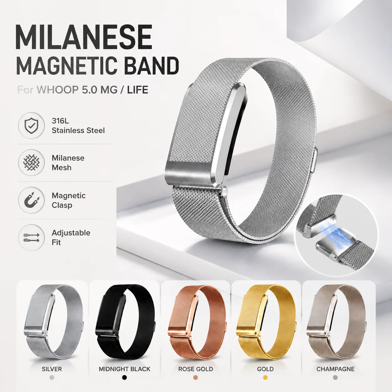 Enhanced Magnetic Metal Watch Strap - Adjustable, Breathable, Comfortable Replacement Wristband for Fitness Tracking