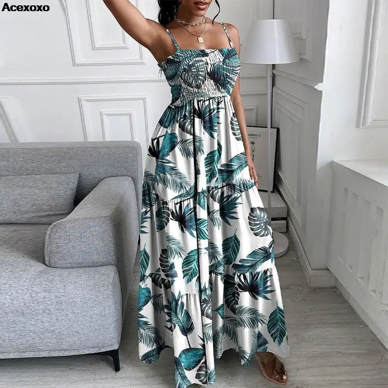 

Summer new women's fashion casual temperament commuter print high waist waist waist sleeveless halter dress