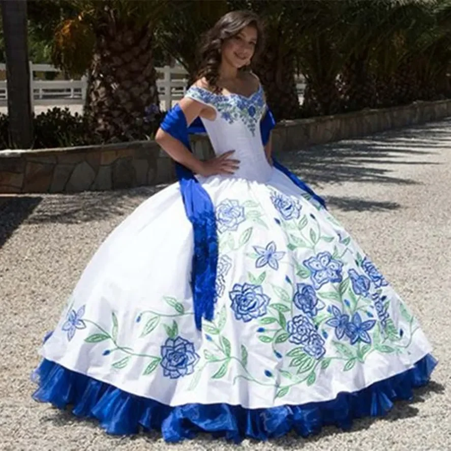 Mexican Blue Embroidered Quinceanera Dress Off The Shoulder Satin Prom Gown | eBay Mexican Blue Embroidered Quinceanera Dress Off The Shoulder Satin Prom Gown | eBay