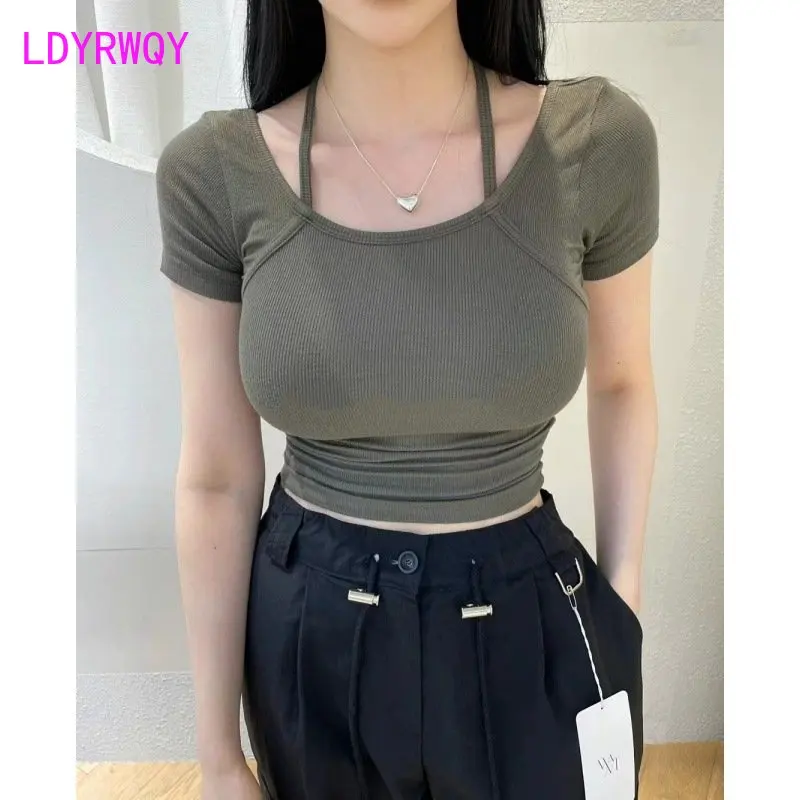

Short sleeved women's summer French suspender front shoulder tight t-shirt high waisted short top