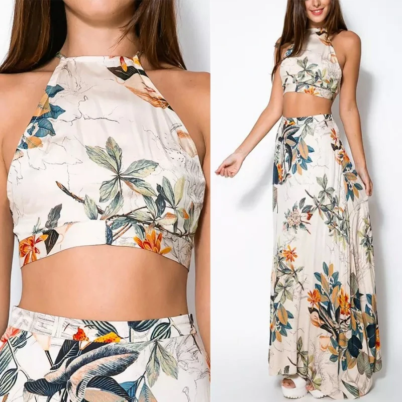 Women's Two-Piece Set Backless Dress Outfits Summer Floral Beach Camisole Bohemia Style Halter Bandage Dress