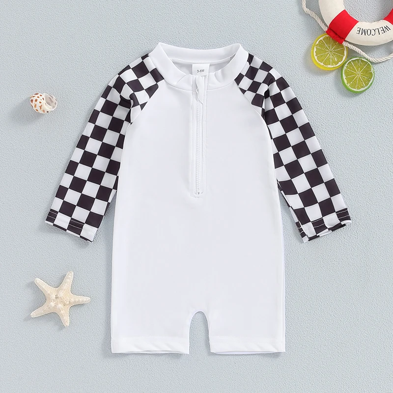 긴 소매 라운드 넥 지퍼 래쉬 가드 수영복, 바둑판 세트, 6M-4T 소년 수영복