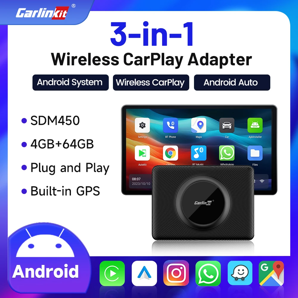 Carlinkit Car Play Wireless Android Tv Box 8-Core 64G Carplay Adapter Supporto Google Play Iptv Youtube Netflix Gps + Glonass
