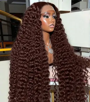 Chocolate Brown Deep Wave Glueless Human Hair Wig 13x4 HD Lace Front 250% Density Pre Plucked With Baby Hair Put On Go Wig 1