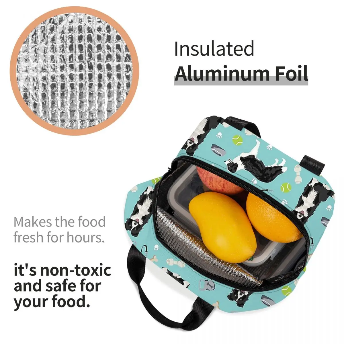 Border Collie Tennis Lunch Bags Portable Insulated Oxford Cooler Bags Dog Thermal Food Picnic Lunch Box for Women Children