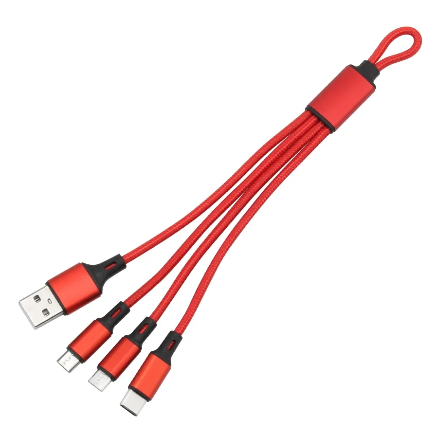 아이폰용 짧은 3 in 1 USB 케이블, 삼성 안드로이드 휴대폰, 나일론 마이크로 USB C 타입 멀티 키체인 라인 충전 코드 와이어